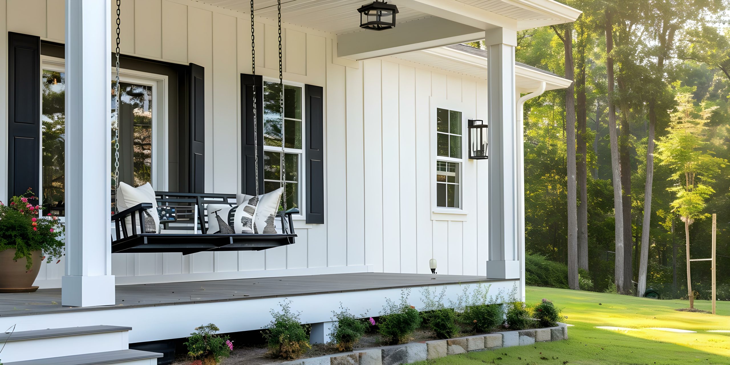 Porch with metal board and batten siding